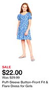 Puff-Sleeve Button-Front Fit & Flare Dress for Girls