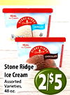 REAL ice Cream STONE RIDGE VANILLA REAL Ice Cream STONE Compuny RIDGE CHOCOLATE Stone Ridge Ice Cream Assorted Varieties, 2/$5 48 oz.