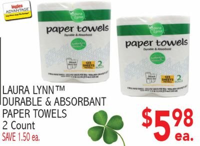 Ingles - - - - paper towels Durable A paper towels 123 2 SHEETS - - - - - - - - - 123 2 SHEETS LAURA LYNN TM - - - ... - DURABLE & ABSORBANT PAPER TOWELS 2 Count SAVE 1.50 ea.