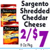 Sargento Shredded Cheddar Cheese 2/$ Lt a Oz Plog.