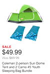 Coleman 2-person Sun Dome Tent and 2 Camo 45 Youth Sleeping Bag Bundle