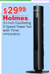 $2999 31-Inch Oscillating 3-Speed Tower Fan with Timer HTF3131BTU3