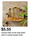woven half circle wall shelf with 5 metal hooks 9.8in
