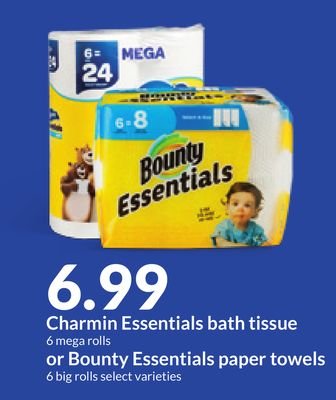 Charmin Essentials bath tissue 6 mega rolls or Bounty Essentials paper towels 6 big rolls