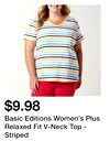 Basic Editions Women's Plus Relaxed Fit V-Neck Top - Striped