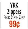 YKK Zippers Priced $1.49 - $3.49
