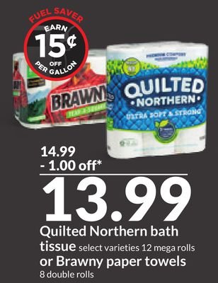 Quilted Northern bath tissue 12 mega rolls or Brawny paper towels 8 double rolls