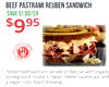 BEEF PASTRAMI REUBEN SANDWICH SAVE $1.00/EA $995 each SCRATCH ORGANIC KITCHEN Tender beef pastrami served on deli rye with organic 1 stoneground mustard, Swiss cheese, sauerkraut, and a vegan 1000 island dressing.