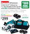 $369
OVERALL
SAVINGS!
$299
18 Volt X2 LXT® Lithium-Ion
7¼" Rear Handle Circular Saw Kit
with FREE 5.0 Ah Battery 2-Pack
Uses two 18 Volt LXT® batteries. Includes: (2) 5.0 Ah batteries,
dual port rapid charger, 24T blade, wrench and tool bag.
#XSR01PT (183